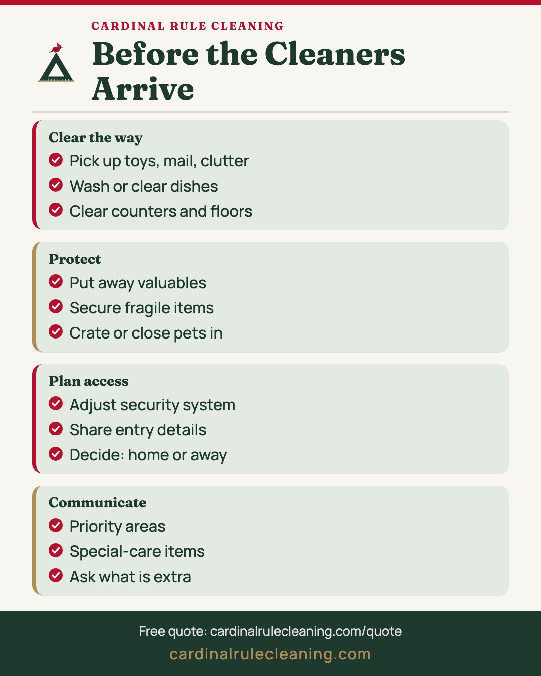 Prepare for house cleaners infographic: tidy, secure, communicate, access and walk-through
