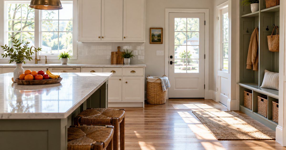 Decluttered kitchen counter with clear surfaces and a fruit tray