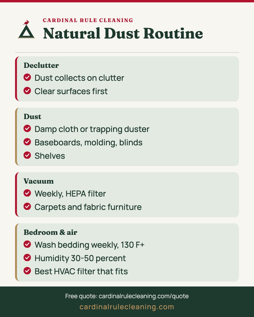 Natural dust routine infographic covering Declutter, Dust, Vacuum and Bedroom and air