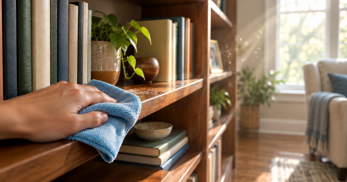 Damp cloth wiping a wooden bookshelf with dust floating in the sunlight