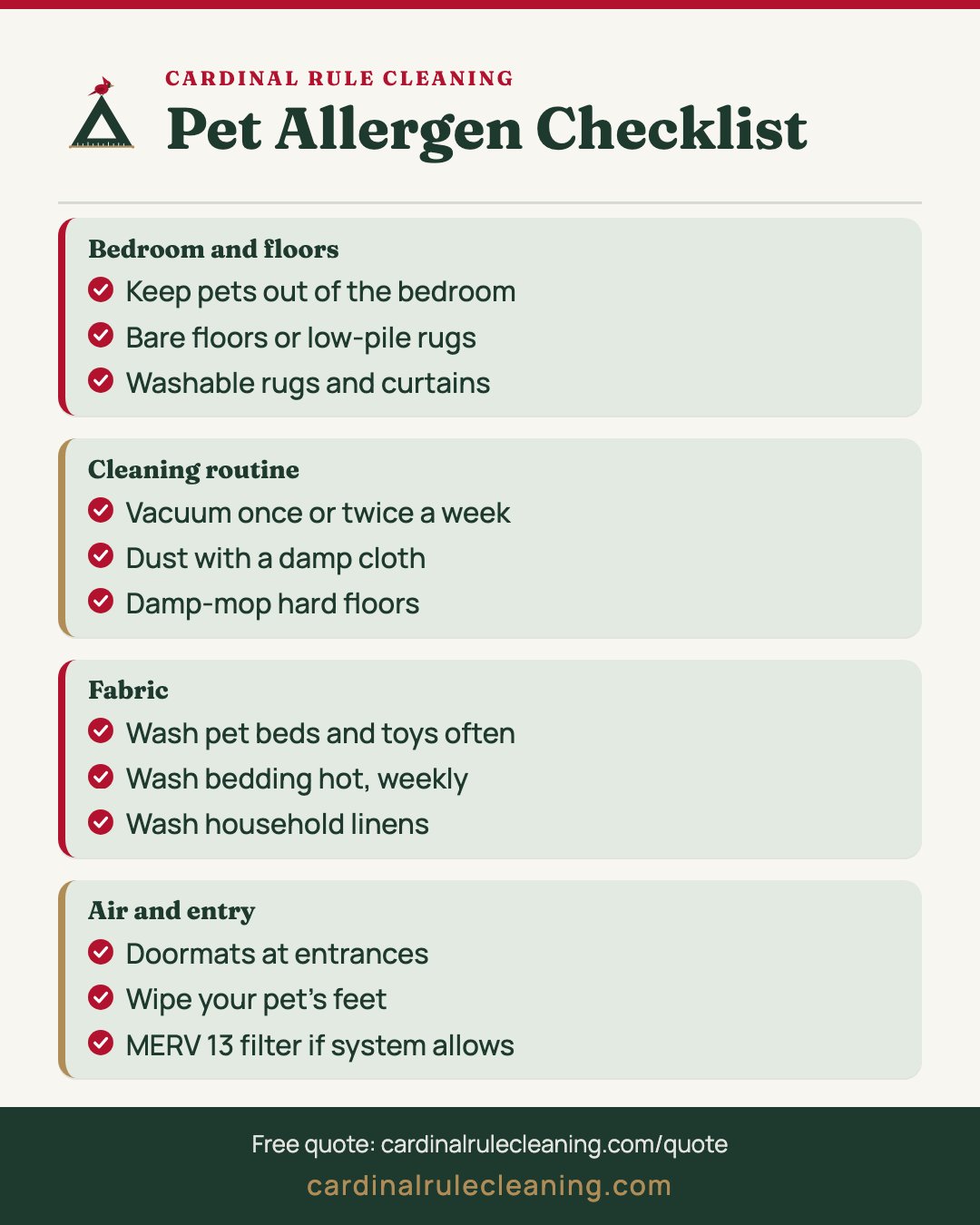 Pet allergen reduction infographic: bedroom, floors, bedding, dusting and air