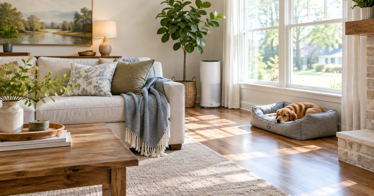 Clean living room with a washable throw, air purifier and dog bed