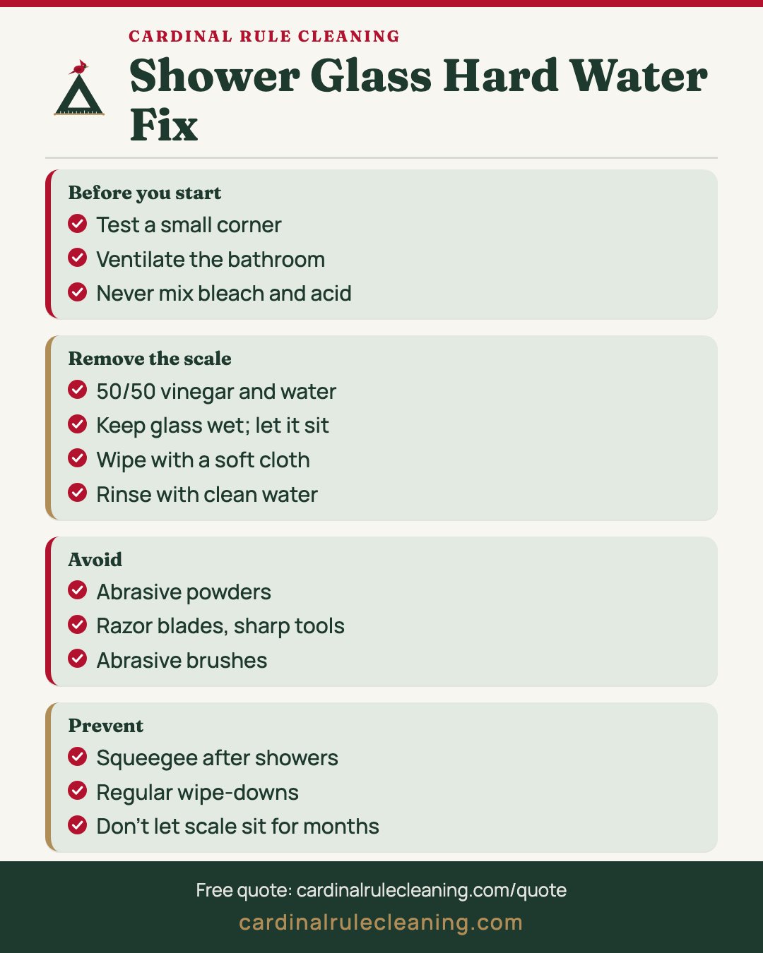 Shower door hard water stain removal steps infographic: test, soak, wipe, rinse, prevent