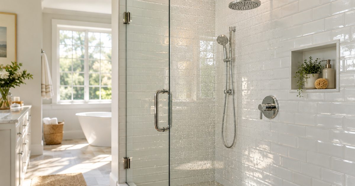 Sparkling clear glass shower door with chrome fixtures and white tile