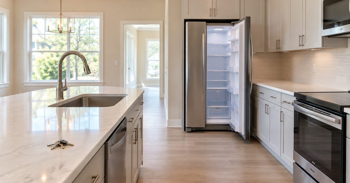 Clean vacant rental kitchen with shining faucet and open refrigerator