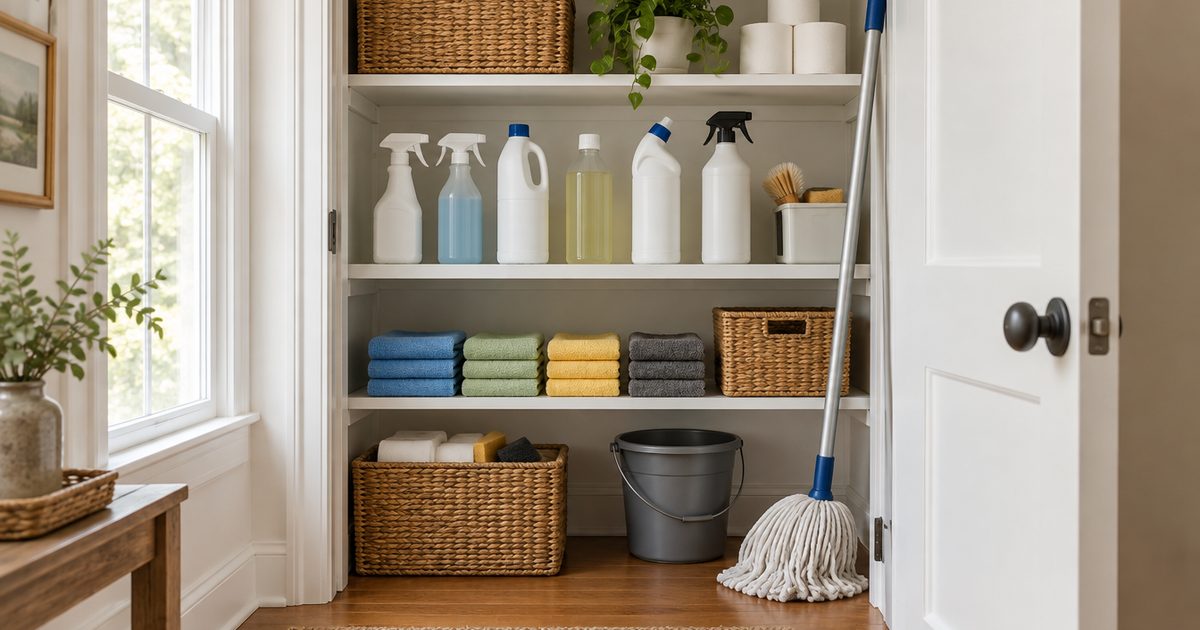 Tidy supply closet with plain bottles, folded cloths and a mop
