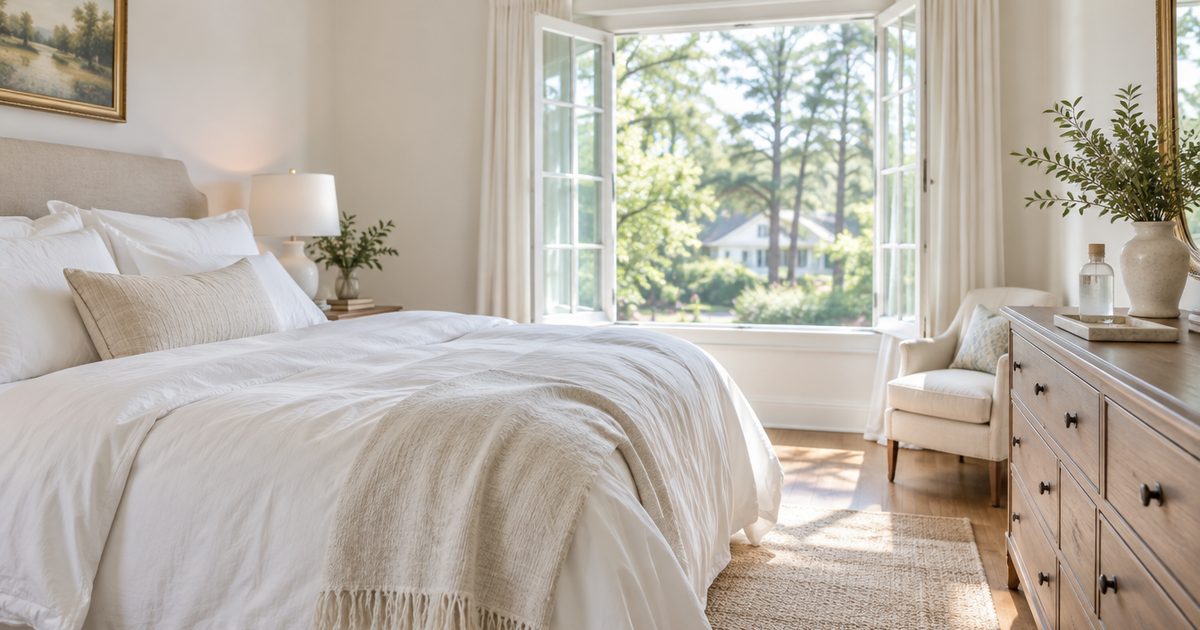 Bright bedroom with white linens and an open window