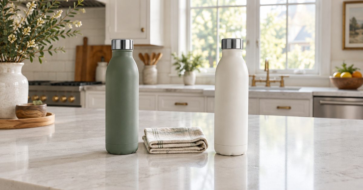 Two plain bottles side by side on a clean kitchen counter