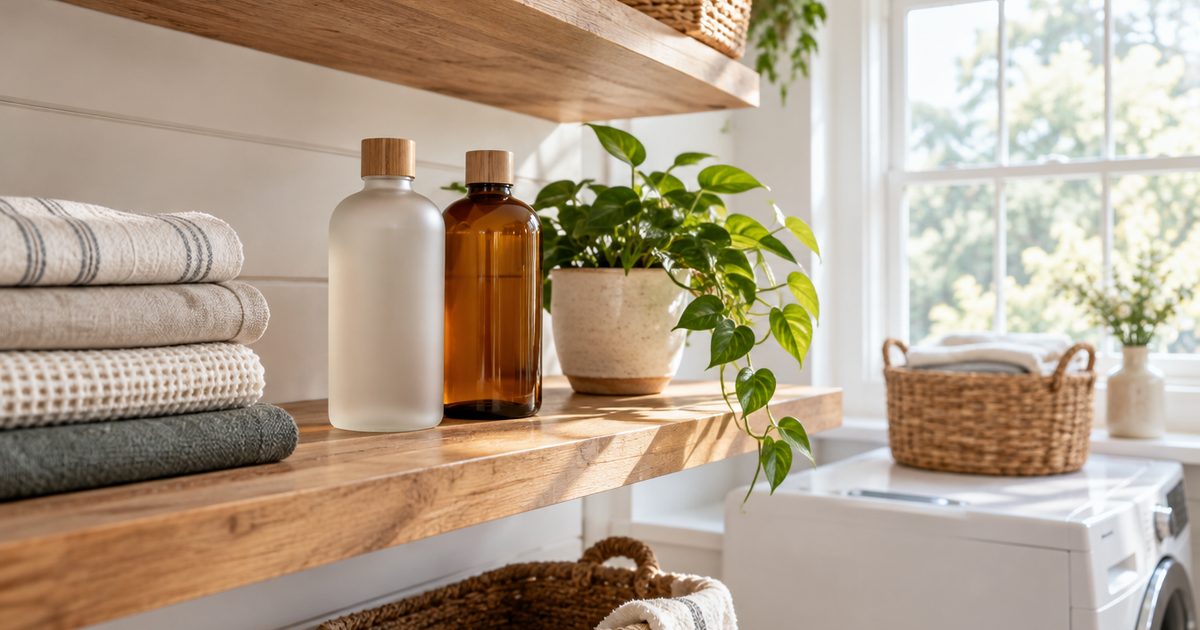 Frosted and amber plain bottles on a wooden laundry-room shelf