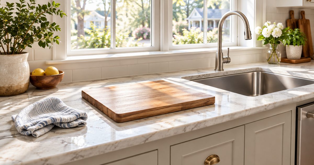 Wiped kitchen counter with a damp cloth, cutting board and clean sink