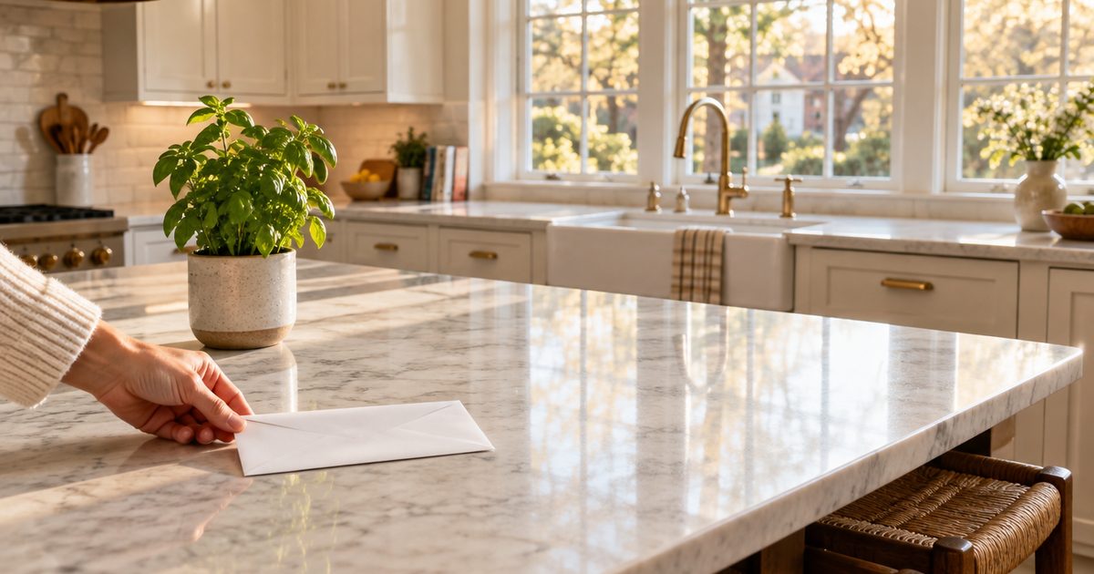 Plain envelope on a clean kitchen island beside a potted herb