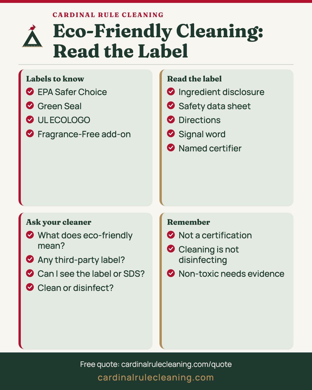 Eco-Friendly Cleaning: Read the Label infographic covering Labels to know, Read the label, Ask your cleaner and Remember