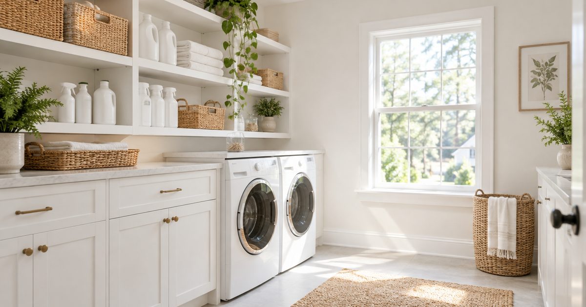 Laundry room shelves with plain bottles, baskets and a green plant