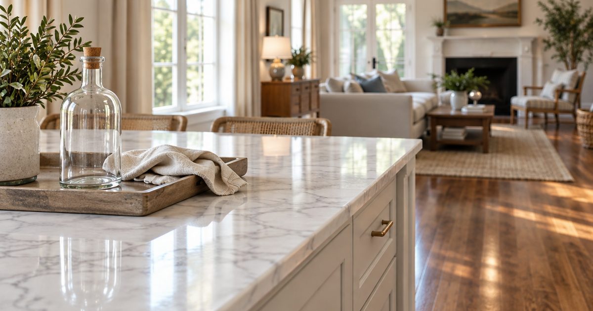 Gleaming marble countertop and hardwood floor with a plain bottle and soft cloth